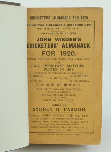 Wisden Cricketers’ Almanack 1920. 57th edition. Bound in brown boards, with original paper wrappers, gilt titles to spine. Wear, staining and an old tape mark to rear wrapper otherwise in good+ condition.