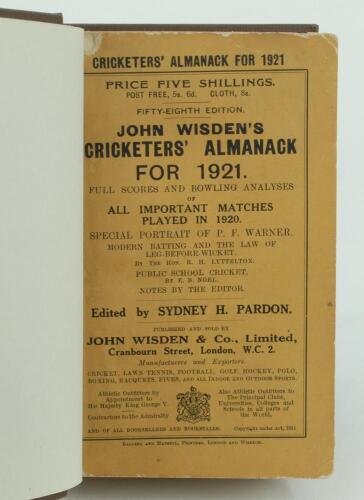 Wisden Cricketers’ Almanack 1921. 58th edition. Bound in brown boards, with original paper wrappers, gilt titles to spine. Nick to the edge of the rear wrapper otherwise in good+ condition.