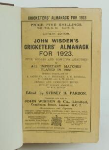 Wisden Cricketers’ Almanack 1923. 60th edition. Bound in brown boards, with original paper wrappers, gilt titles to spine. Good+ condition.