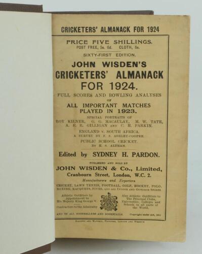 Wisden Cricketers’ Almanack 1924. 61st edition. Bound in brown boards, with original paper wrappers, gilt titles to spine. Slight fading to wrappers otherwise in good/very good condition.