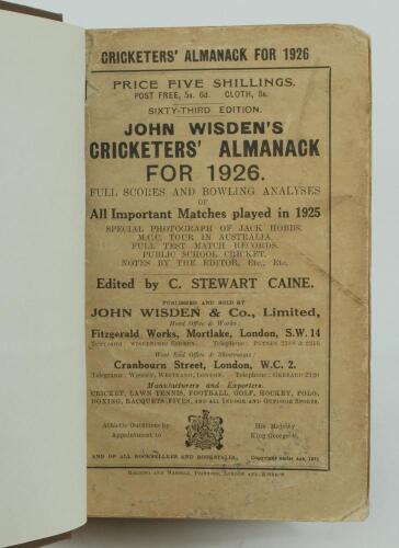 Wisden Cricketers’ Almanack 1926. 63rd edition. Bound in brown boards, with original paper wrappers, gilt titles to spine. Some wear and soiling to wrappers, odd minor faults to page block edge otherwise in good condition.