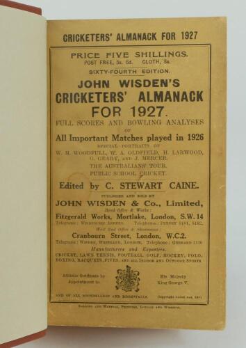 Wisden Cricketers’ Almanack 1927. 64th edition. Bound in light brown boards, with original paper wrappers, gilt titles to front board and spine, red speckled page edges. Very good condition.