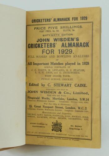 Wisden Cricketers’ Almanack 1929. 66th edition. Bound in light brown boards, with original paper wrappers, gilt titles to front board and spine. Light soiling to wrappers otherwise in good/very good condition.