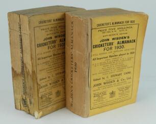 Wisden Cricketers’ Almanack 1930 and 1931. 67th & 68th editions. Original paper wrappers. The 1930 edition with wrap around replica spine paper, minor wear to wrappers and soiling to page block edge, the 1931 edition with soiled, stained and worn wrappers