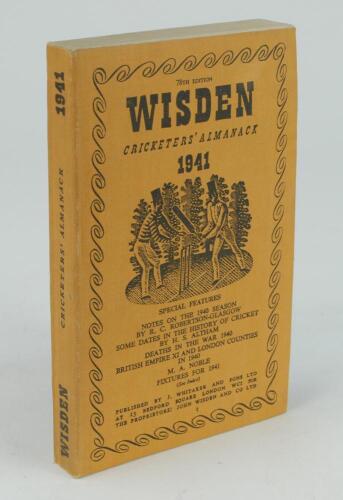 Wisden Cricketers’ Almanack 1941. 78th edition. Original limp cloth covers. Only 3200 paper copies printed in this war year. Very good/excellent condition. Rare war-time edition