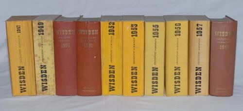 Wisden Cricketers’ Almanack 1947, 1949, 1950, 1951, 1952, 1953, 1955, 1956, 1957 and 1958. The majority are original limp cloth editions with the exception of the 1950, 1951 and 1958 editions which are original hardbacks, the 1950 in good condition, the 1