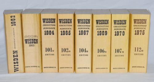 Wisden Cricketers’ Almanack 1962, 1963, 1964, 1965, 1967, 1969, 1970 and 1975. Original limp cloth editions. Slight bowing to the spines of the 1962, 1963, 1964 amd 1967 editions otherwise in generally good/very good condition. Qty 8