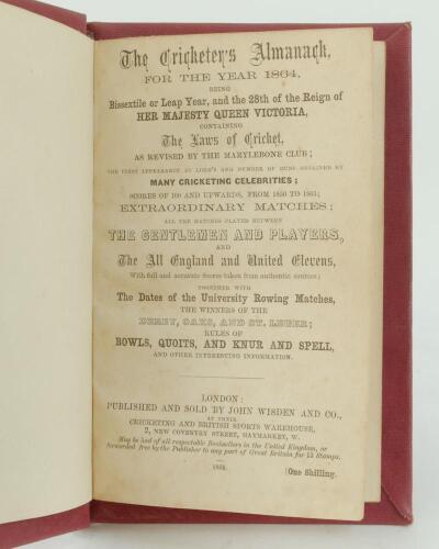 Wisden Cricketers’ Almanack 1864. 1st edition. Bound in red boards, lacking original paper wrappers, with title and date in gilt to spine, red speckled page edges. Pages checked, complete. Pages trimmed by the binder. Good/very good condition.