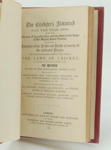 Wisden Cricketers’ Almanack 1868. 5th edition. Bound in red boards, lacking original paper wrappers, with title and date in gilt to spine, red speckled page edges. Pages checked, complete. Pages trimmed by the binder. Good/very good condition.