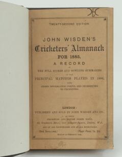 Wisden Cricketers’ Almanack 1885. 22nd edition. Bound in dark brown boards, with original paper wrappers, with title and date in gilt to spine, beautifully marbled page block edge. Minor annotation to top border of the front wrapper, minor soiling to the 