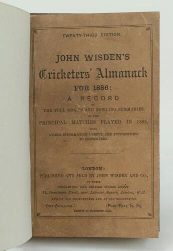 Wisden Cricketers’ Almanack 1886. 23rd edition. Bound in dark brown boards, with original paper wrappers, with title and date in gilt to spine, beautifully marbled page block edge. Minor darkening and soiling to wrappers, slightly irregular trimming to th