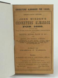 Wisden Cricketers’ Almanack 1888. 25th edition. Bound in dark brown boards, with original paper wrappers, with title and date in gilt to spine, beautifully marbled page block edge. Very minor soiling to wrappers otherwise in very good condition