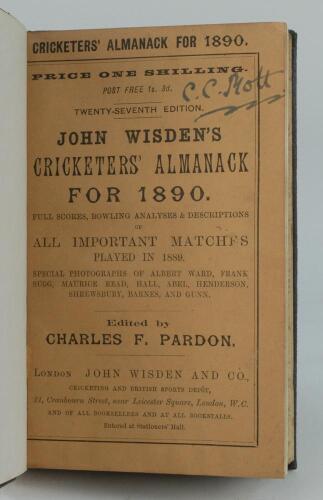 Wisden Cricketers’ Almanack 1890. 27th edition. Bound in dark brown boards, with original paper wrappers, with title and date in gilt to spine, beautifully marbled page block edge. Minor page edge tear to page 97/98, some minor foxing to odd pages, name o