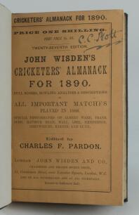 Wisden Cricketers’ Almanack 1890. 27th edition. Bound in dark brown boards, with original paper wrappers, with title and date in gilt to spine, beautifully marbled page block edge. Minor page edge tear to page 97/98, some minor foxing to odd pages, name o