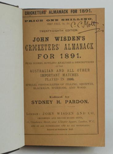 Wisden Cricketers’ Almanack 1891. 28th edition. Bound in dark brown boards, with original paper wrappers, with title and date in gilt to spine, beautifully marbled page block edge. Minor foxing to odd pages, irregular trimming from the binder to one page 