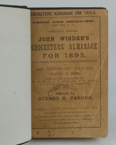 Wisden Cricketers’ Almanack 1893. 30th edition. Bound in dark brown boards, with original paper wrappers, with title and date in gilt to spine, beautifully marbled page block edge. Minor wear to wrappers, oval ownership stamp to front wrapper otherwise in