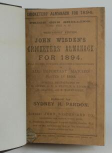 Wisden Cricketers’ Almanack 1894. 31st edition. Bound in dark brown boards, with original paper wrappers, with title and date in gilt to spine, beautifully marbled page block edge. Minor wear, darkening and soiling to wrappers otherwise in good/very good