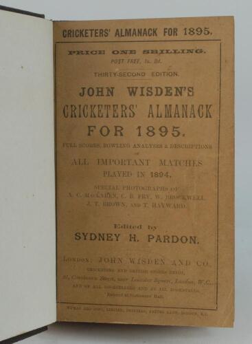 Wisden Cricketers’ Almanack 1895. 32nd edition. Bound in dark brown boards, with original paper wrappers, with title and date in gilt to spine, beautifully marbled page block edge. Very good condition