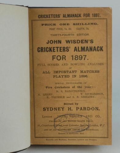 Wisden Cricketers’ Almanack 1897. 34th edition. Bound in dark brown boards, with original front paper wrapper lacking rear, with title and date in gilt to spine, beautifully marbled page block edge. Minor wear to wrappers, oval book seller stamp to front 