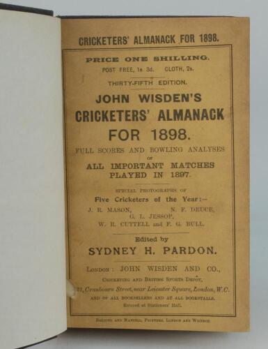 Wisden Cricketers’ Almanack 1898. 35th edition. Bound in dark brown boards, with original paper wrappers, title and date in gilt to spine, beautifully marbled page block edge. Very good condition