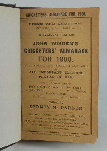 Wisden Cricketers’ Almanack 1900. 37th edition. Bound in dark brown boards, with original paper wrappers, title and date in gilt to spine, beautifully marbled page block edge. Very good condition