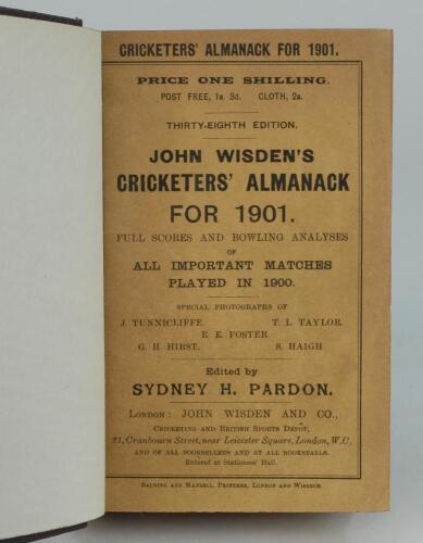 Wisden Cricketers’ Almanack 1901. 38th edition. Bound in dark brown boards, with original paper wrappers, title and date in gilt to spine, beautifully marbled page block edge. Very good condition