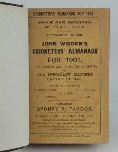 Wisden Cricketers’ Almanack 1901. 38th edition. Bound in dark brown boards, with original paper wrappers, title and date in gilt to spine, beautifully marbled page block edge. Very good condition