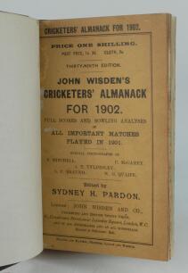 Wisden Cricketers’ Almanack 1902. 39th edition. Bound in dark brown boards, with original paper wrappers, title and date in gilt to spine, beautifully marbled page block edge. Very good condition