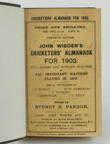 Wisden Cricketers’ Almanack 1903. 40th edition. Bound in dark brown boards, with original paper wrappers, title and date in gilt to spine, beautifully marbled page block edge. Very good condition