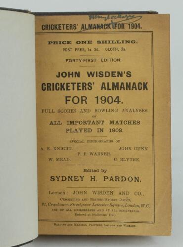 Wisden Cricketers’ Almanack 1904. 41st edition. Bound in dark brown boards, with original paper wrappers, title and date in gilt to spine, beautifully marbled page block edge. Handwritten signature of ownership to top border of the title page otherwise in