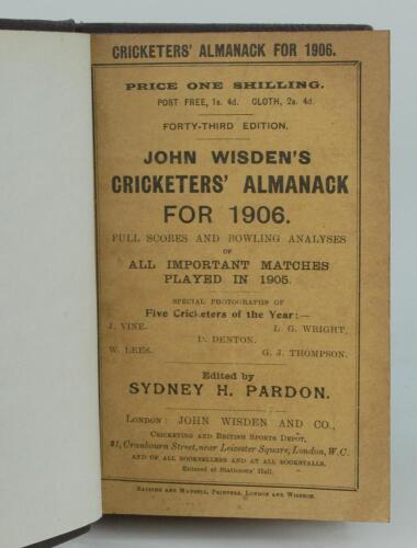 Wisden Cricketers’ Almanack 1906. 43rd edition. Bound in dark brown boards, with original paper wrappers, title and date in gilt to spine, beautifully marbled page block edge. Very good condition