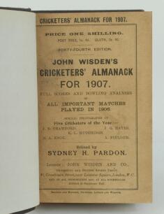 Wisden Cricketers’ Almanack 1907. 44th edition. Bound in dark brown boards, with original paper wrappers, title and date in gilt to spine, beautifully marbled page block edge. Minor soiling to front wrapper, heavy ink stain to rear otherwise in very good 