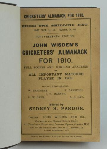 Wisden Cricketers’ Almanack 1910. 47th edition. Bound in dark brown boards, with original paper wrappers, title and date in gilt to spine, beautifully marbled page block edge. Very good condition