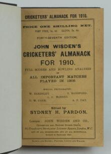 Wisden Cricketers’ Almanack 1910. 47th edition. Bound in dark brown boards, with original paper wrappers, title and date in gilt to spine, beautifully marbled page block edge. Very good condition