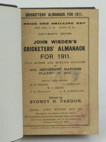 Wisden Cricketers’ Almanack 1911. 48th edition. Bound in dark brown boards, with original paper wrappers, title and date in gilt to spine, beautifully marbled page block edge. Some soiling to the front wrapper, lesser to the rear wrapper otherwise in very