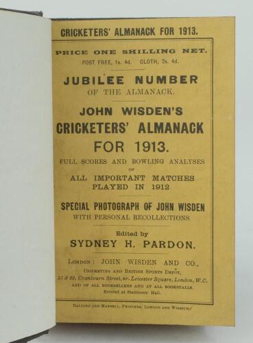 Wisden Cricketers’ Almanack 1913. 50th (Jubilee) edition. Bound in dark brown boards, with original paper wrappers, title and date in gilt to spine, beautifully marbled page block edge. Minor loss to the head of the spine on the brown boards otherwise in 