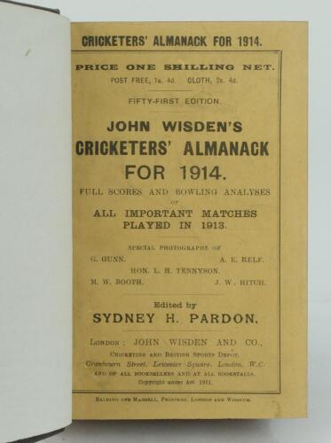 Wisden Cricketers’ Almanack 1914. 51st edition. Bound in dark brown boards, with original paper wrappers, title and date in gilt to spine, beautifully marbled page block edge. Very good condition