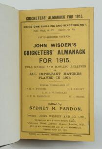 Wisden Cricketers’ Almanack 1915. 52nd edition. Bound in dark brown boards, with original paper wrappers, title and date in gilt to spine, beautifully marbled page block edge. Very good condition