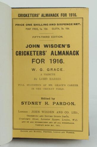 Wisden Cricketers’ Almanack 1916. 53rd edition. Bound in dark brown boards, with original paper wrappers, title and date in gilt to spine, beautifully marbled page block edge. Very good condition. Rare war-time edition