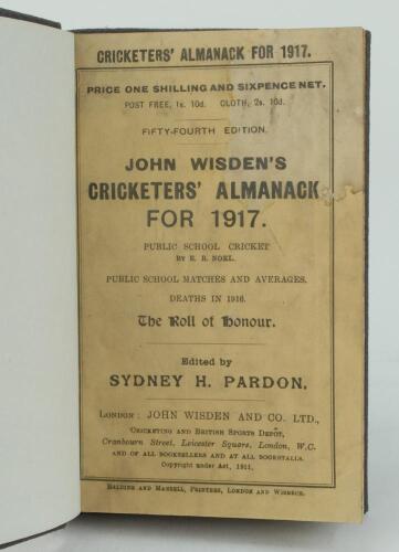 Wisden Cricketers’ Almanack 1917. 54th edition. Bound in dark brown boards, with original paper wrappers, title and date in gilt to spine, beautifully marbled page block edge. Some light soiling to both wrappers, some staining to top of front wrapper slig