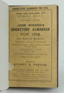 Wisden Cricketers’ Almanack 1918. 55th edition. Bound in dark brown boards, with original paper wrappers, title and date in gilt to spine, beautifully marbled page block edge. Some soiling to both wrappers, slight damage to edge of the front wrapper other