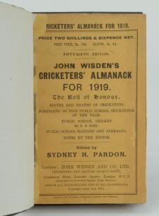 Wisden Cricketers’ Almanack 1919. 56th edition. Bound in dark brown boards, with original paper wrappers, title and date in gilt to spine, beautifully marbled page block edge. Minor faults to wrappers, some foxing to the inside of the rear wrapper otherwi