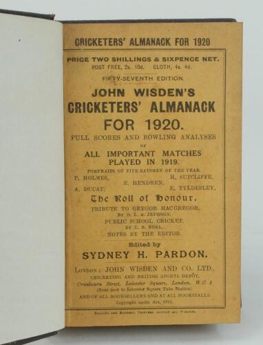 Wisden Cricketers’ Almanack 1920. 57th edition. Bound in dark brown boards, with original paper wrappers, title and date in gilt to spine, beautifully marbled page block edge. Very good condition