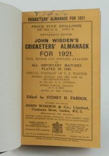 Wisden Cricketers’ Almanack 1921. 58th edition. Bound in dark brown boards, with original paper wrappers, title and date in gilt to spine, beautifully marbled page block edge. Signature of A.J. Gaston (cricketer collector and author) to top border of the 