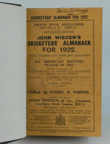 Wisden Cricketers’ Almanack 1922. 59th edition. Bound in dark brown boards, with original paper wrappers, title and date in gilt to spine, beautifully marbled page block edge. Light soiling to wrappers otherwise in very good condition