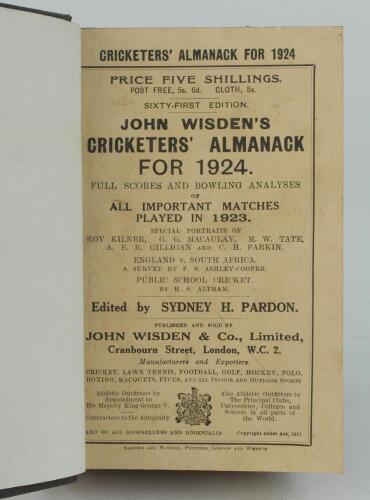 Wisden Cricketers’ Almanack 1924. 61st edition. Bound in dark brown boards, with original paper wrappers, title and date in gilt to spine, beautifully marbled page block edge. Very good condition