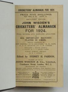 Wisden Cricketers’ Almanack 1924. 61st edition. Bound in dark brown boards, with original paper wrappers, title and date in gilt to spine, beautifully marbled page block edge. Very good condition