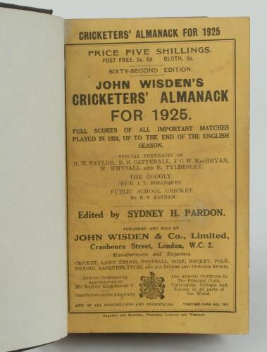 Wisden Cricketers’ Almanack 1925. 62nd edition. Bound in dark brown boards, with original paper wrappers, title and date in gilt to spine, beautifully marbled page block edge. Light soiling to wrappers otherwise in very good condition