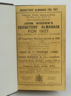 Wisden Cricketers’ Almanack 1927. 64th edition. Bound in dark brown boards, with original paper wrappers, title and date in gilt to spine, beautifully marbled page block edge. Very minor soiling to wrappers otherwise in very good condition