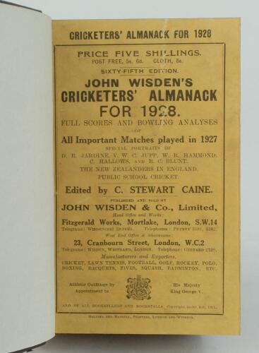 Wisden Cricketers’ Almanack 1928. 65th edition. Bound in dark brown boards, with original paper wrappers, title and date in gilt to spine, beautifully marbled page block edge. Very minor faults to wrappers otherwise in very good condition